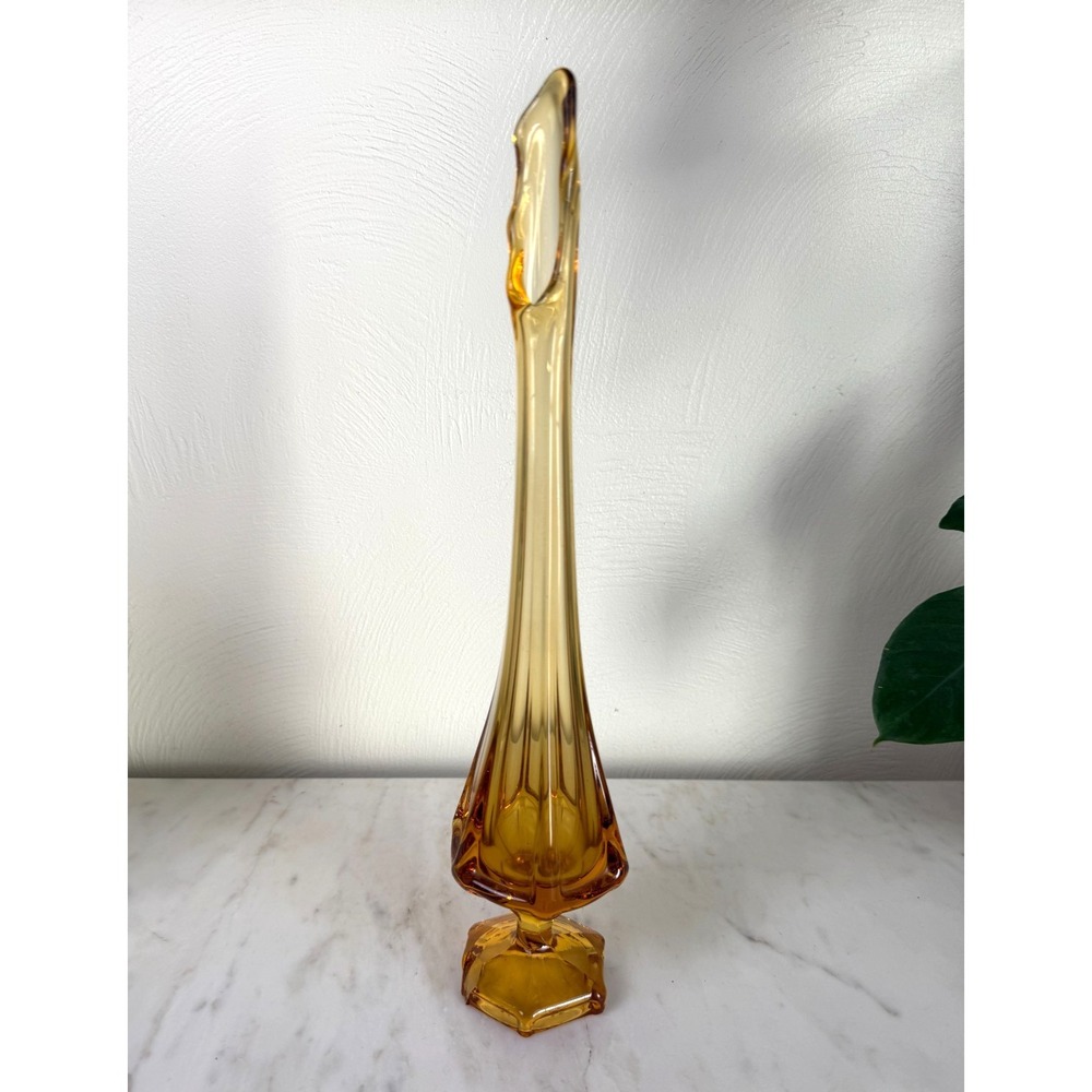 Vintage MCM Viking Glass Amber Swung Vase 14.5" Epic Column Hexagon Base 1960s